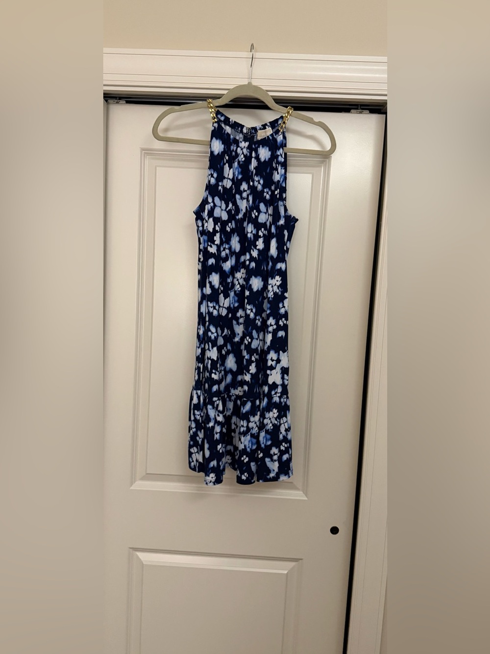 Michael Kors Navy & White Floral Halter Midi Dress with Gold Chain Straps